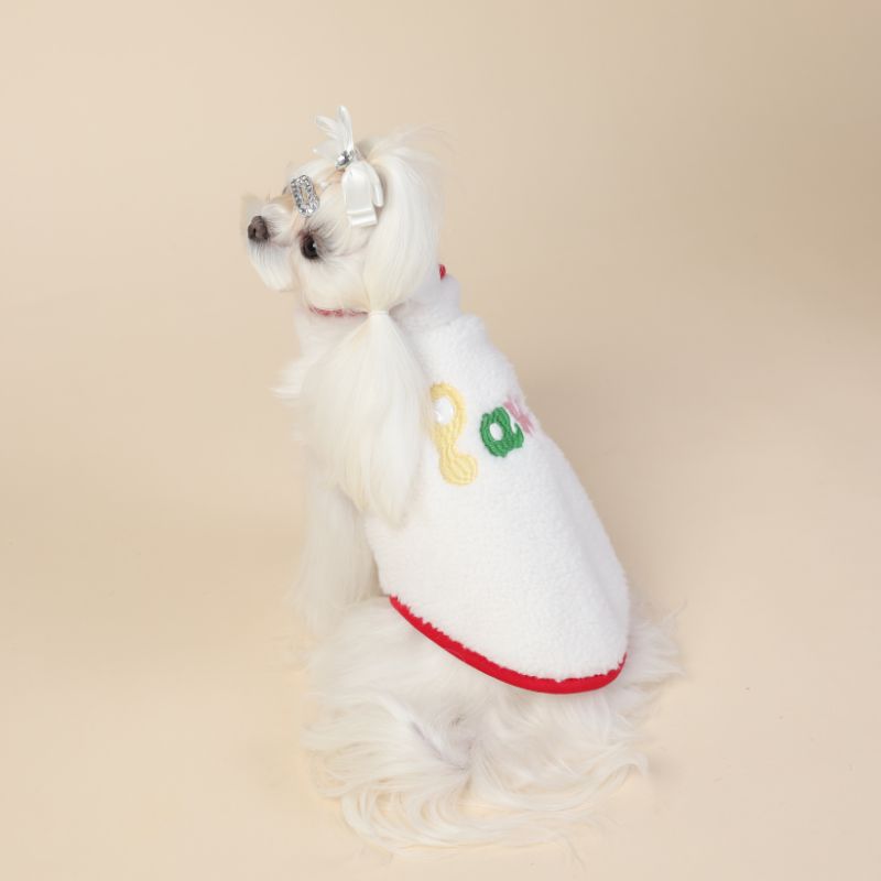 Dog wearing a colorful cape with letters on a beige background