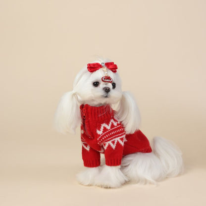 pet half zip red sweater with winter zig zag print