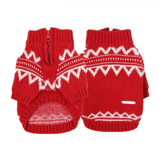 pet half zip red sweater with winter zig zag print