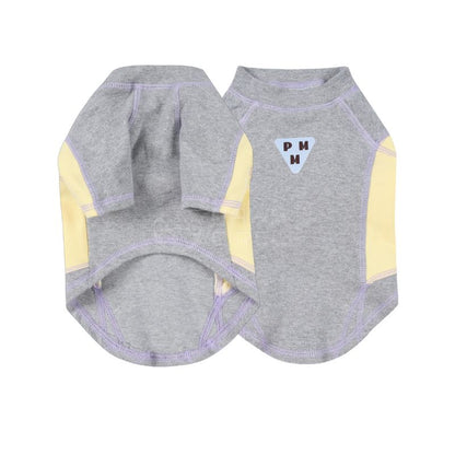 Gray pet shirt with yellow accents and a logo on a white background