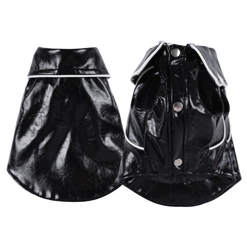 Black leather-style dog coat with buttons on a white background