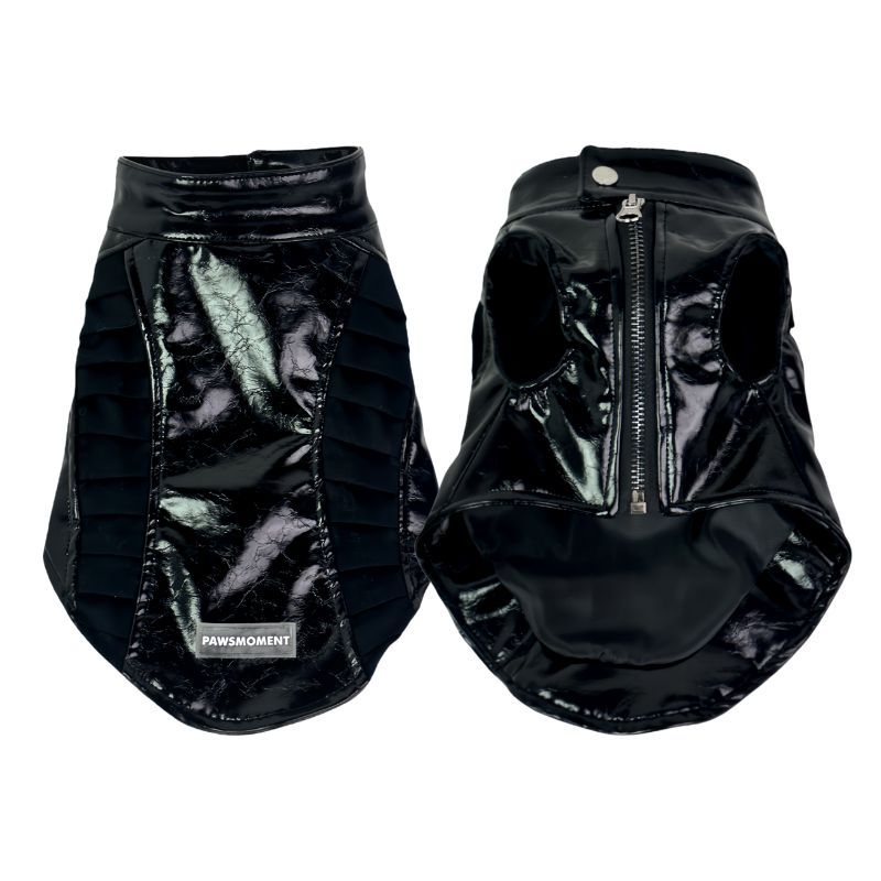 Black reflective dog coat with zipper on a white background