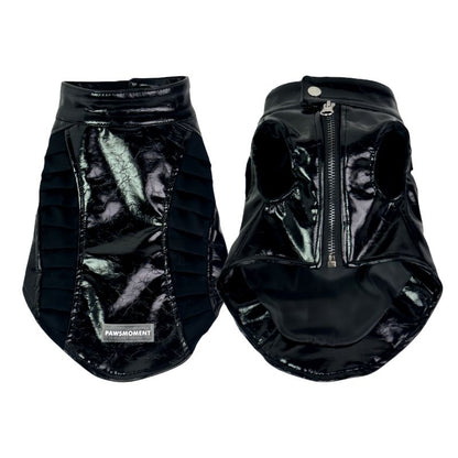 Black reflective dog coat with zipper on a white background