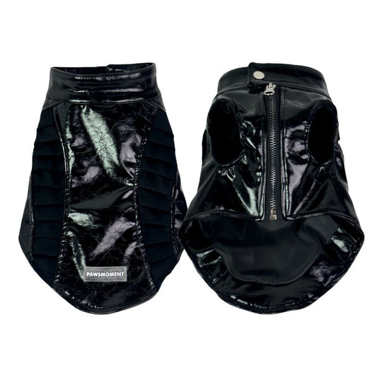 Black reflective dog coat with zipper on a white background