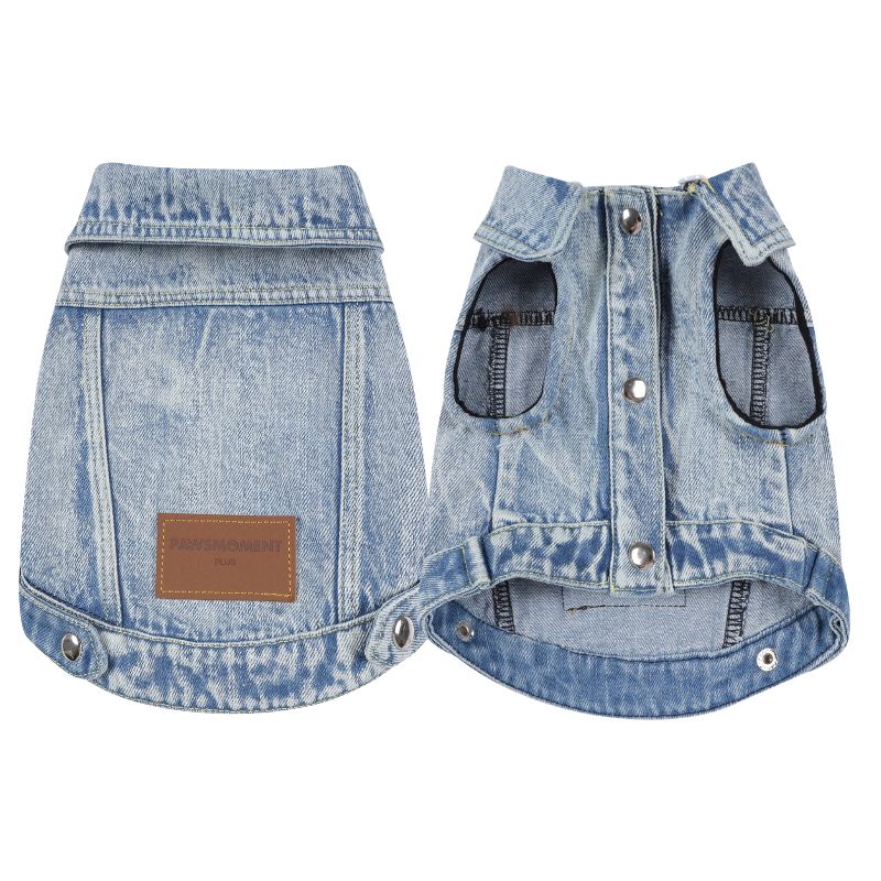 Denim dog coat with a brown patch on a white background