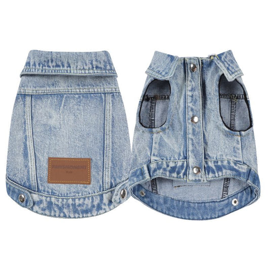 Denim dog coat with a brown patch on a white background