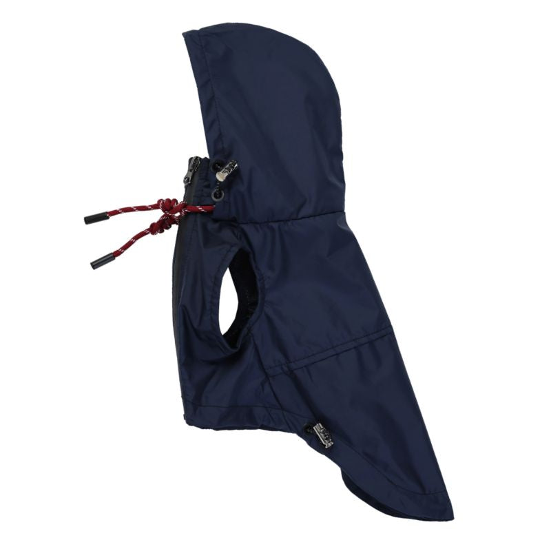 Navy blue dog raincoat with a hood on a white background