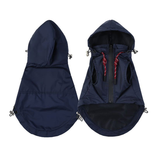 Navy blue dog coat with red zipper on a white background