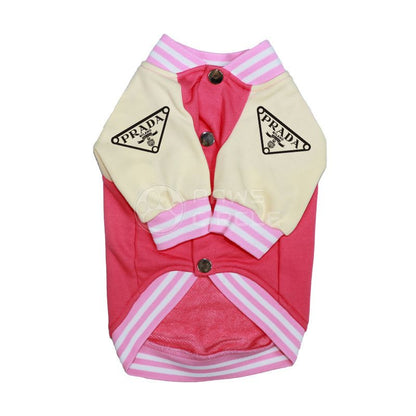 Pink and beige dog jacket with Prada logo on a white background