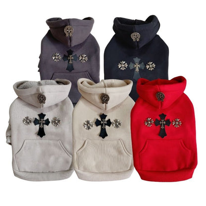 Five chrome hearts dog hoodies in different colors with decorative crosses on a white background