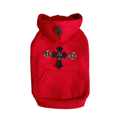 Red Chrome Hearts dog hoodie with decorative crosses on a white background