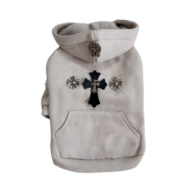Gray Chrome Hearts dog hoodie with decorative cross and buttons on a white background