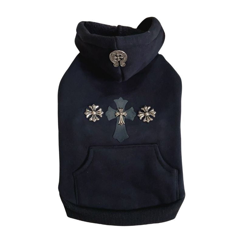 Black Chrome Hearts  dog hoodie with decorative crosses on a white background