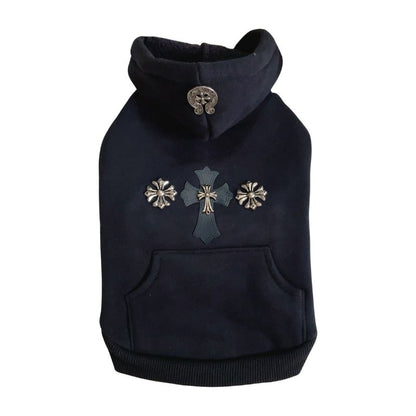 Black Chrome Hearts  dog hoodie with decorative crosses on a white background