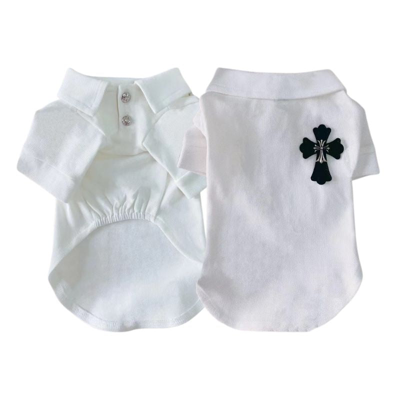 White pet chrome hearts shirt with black cross design on a white background