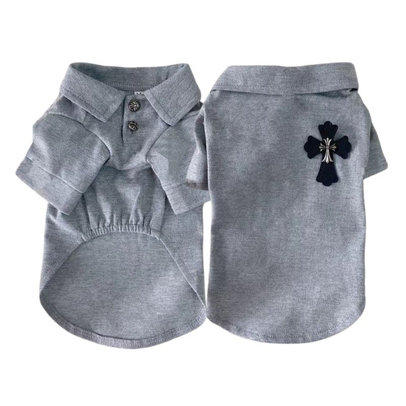 Gray dog chrome hearts polo shirt with a black cross design on a white background