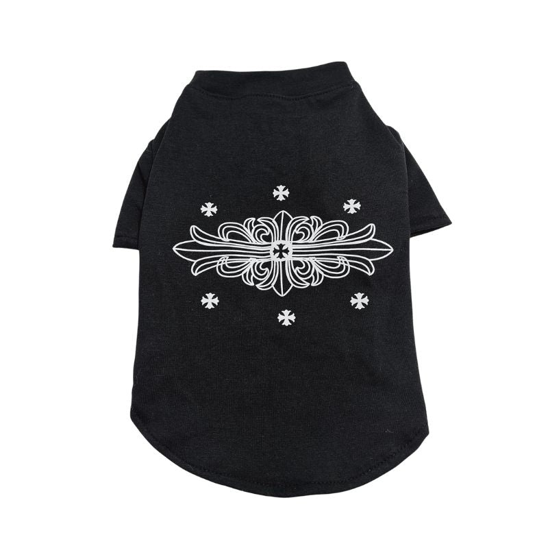 Black Chrome Hearts  pet shirt with white decorative design on a white background