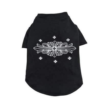 Black Chrome Hearts  pet shirt with white decorative design on a white background