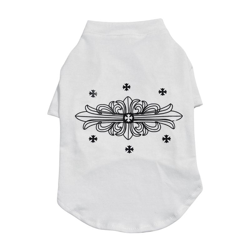 White Chrome Hearts  pet shirt with black decorative design on a white background