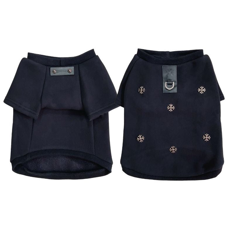 Two black dog chrome heart sweater with decorative cross on a white background