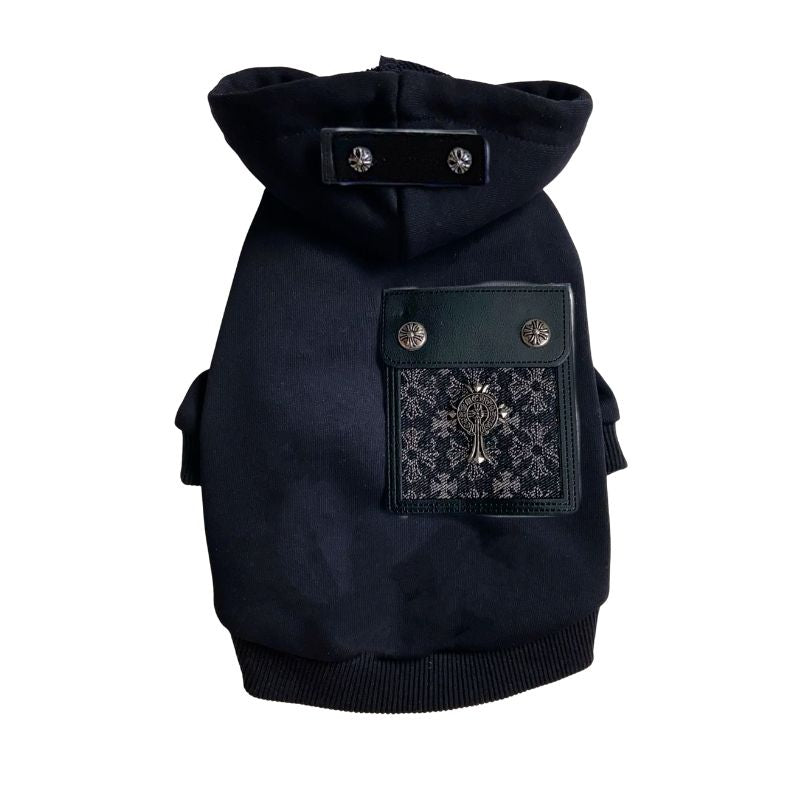 Black Chrome Hearts pet hoodie with decorative pocket on a white background