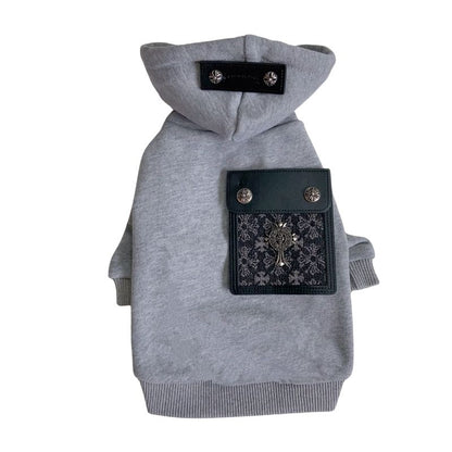 Gray Chrome Hearts dog hoodie with black pocket and decorative elements on a white background