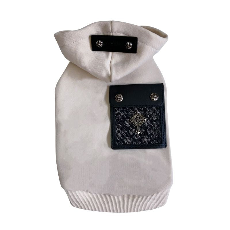 White Chrome Hearts dog hoodie with black decorative patch on a white background