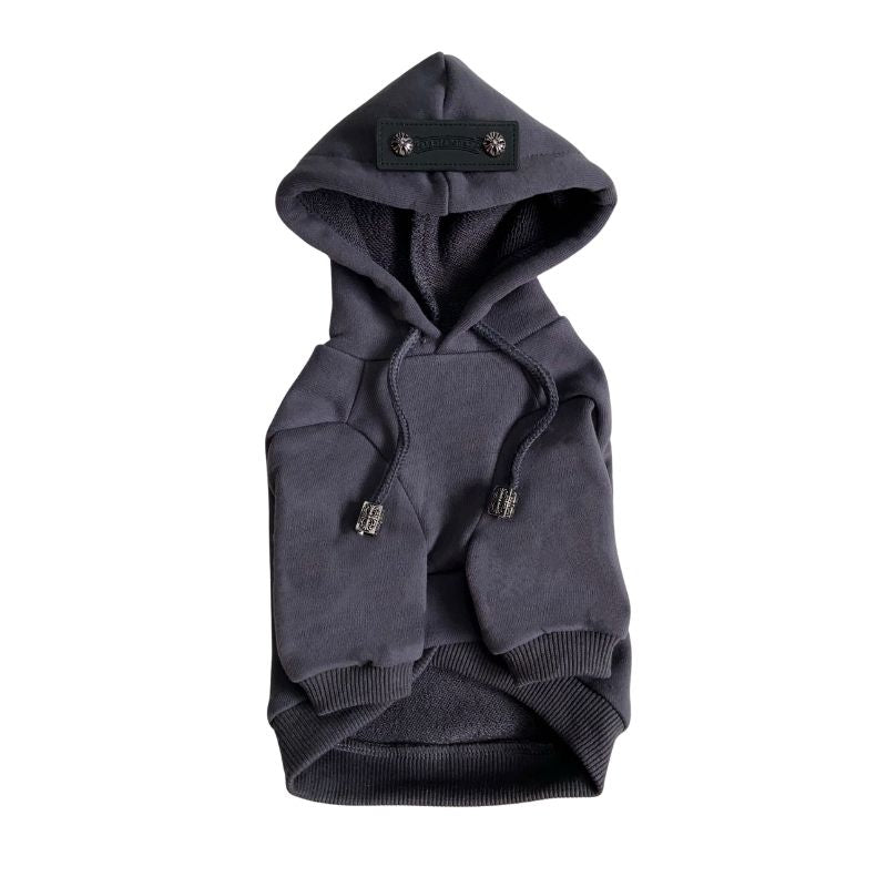 Dark gray Chrome Hearts dog hoodie with a brand label on a white background