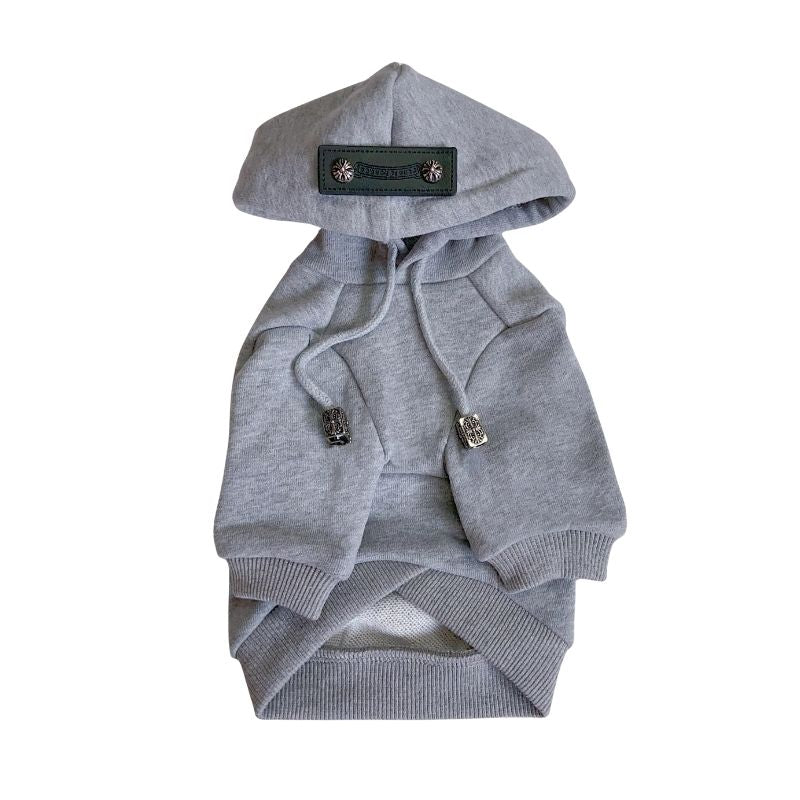 Gray Chrome Hearts dog hoodie with a brand label on a white background