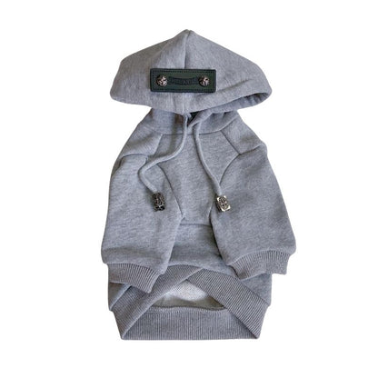 Gray Chrome Hearts dog hoodie with a brand label on a white background