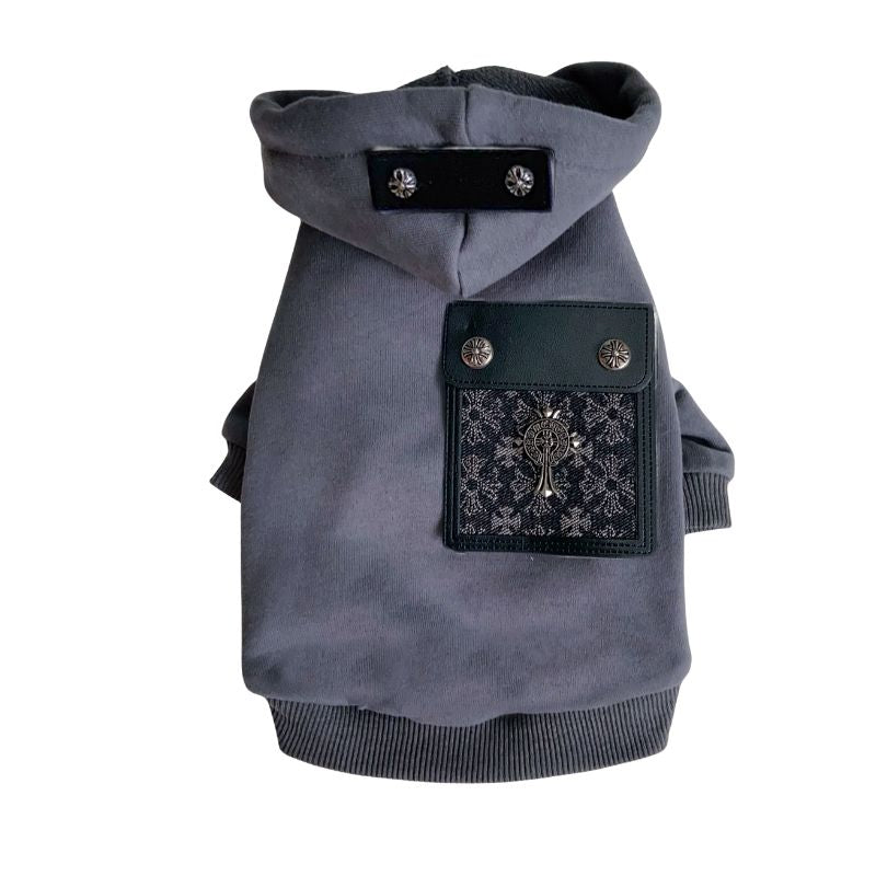 Gray Chrome Hearts dog hoodie with black pocket and decorative emblem on a white background