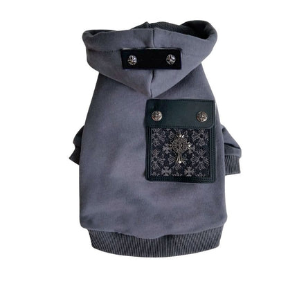 Gray Chrome Hearts dog hoodie with black pocket and decorative emblem on a white background