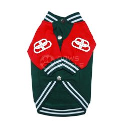 Red and green dog jersey with white logos on a white background