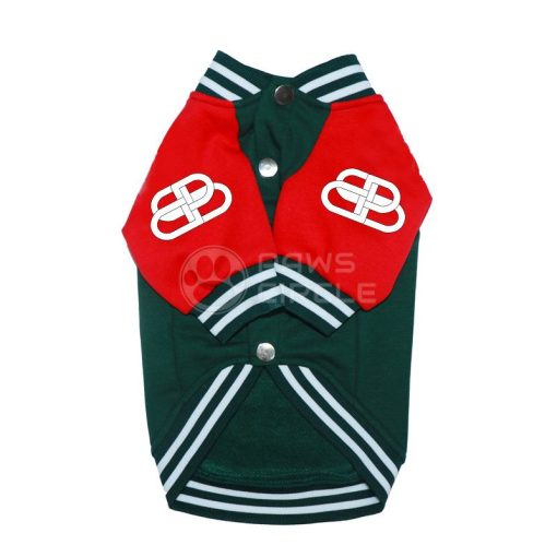 Red and green dog jersey with white logos on a white background