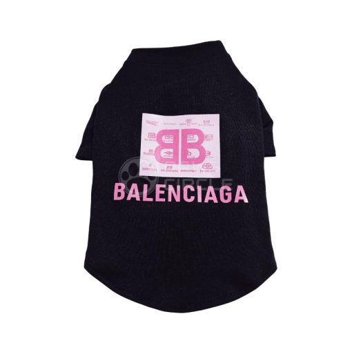 Black pet shirt with pink Balenciaga logo on a white background