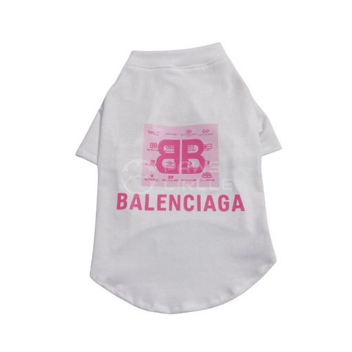 White pet shirt with pink Balenciaga logo on a white background
