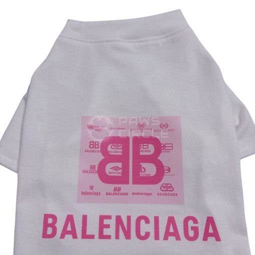 White pet shirt with pink Balenciaga logo on a white background