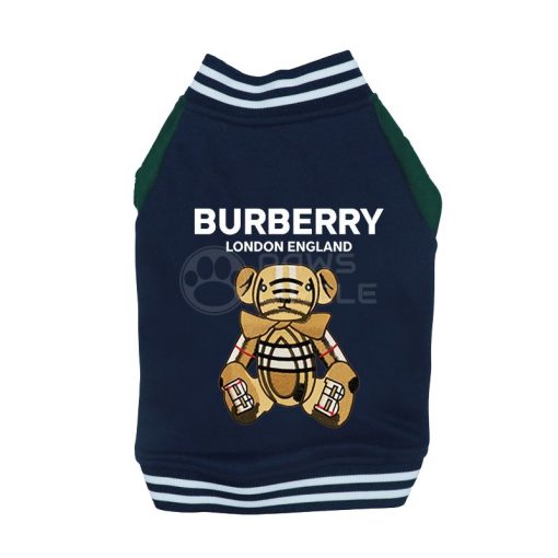 Navy blue Burberry dog jacket with teddy bear design on a white background