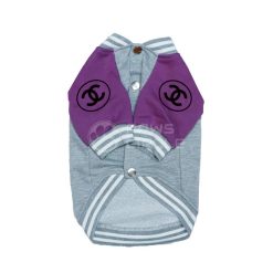 Pet sweater with purple and gray design featuring Chanel logo on a white background