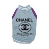 Dog sweater with Chanel logo and text on a white background