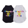Black and white pet shirts with colorful 'Chanel Paris' text and logo on a white background