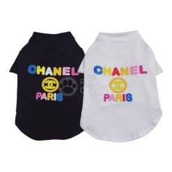 Black and white pet shirts with colorful 'Chanel Paris' text and logo on a white background