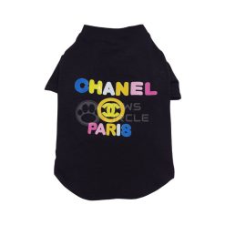 Black pet shirt with colorful 'Chanel Paris' text and logo on a white background