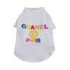 White pet shirt with colorful 'Chanel' text and logo on a white background