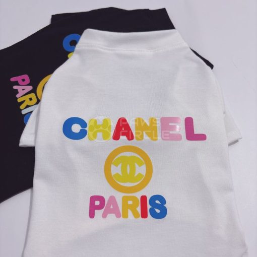White pet shirt with colorful 'Chanel Paris' text and logo on a white background