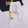 White Chanel dog shirt with colorful text and logo design on a white background