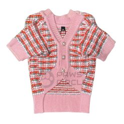 pink tweed cardigan with pearl buttons