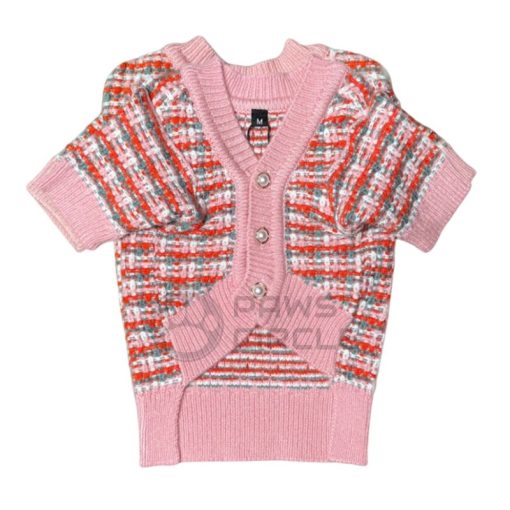 pink tweed cardigan with pearl buttons