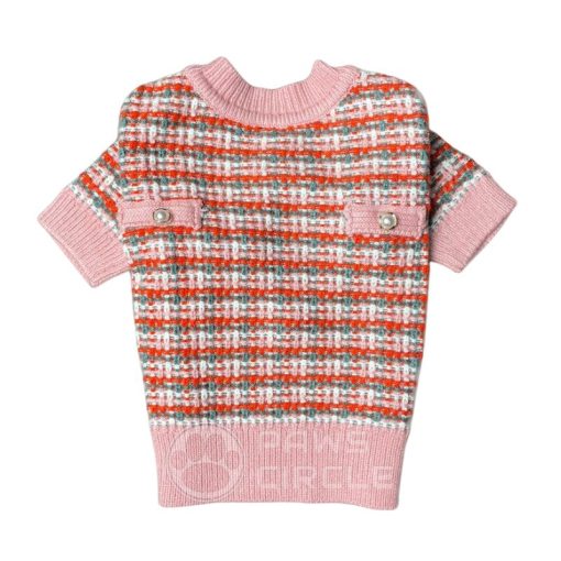 pink tweed cardigan with pearl buttons