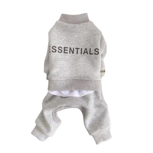 Gray dog outfit with 'ESSENTIALS' text on a white background
